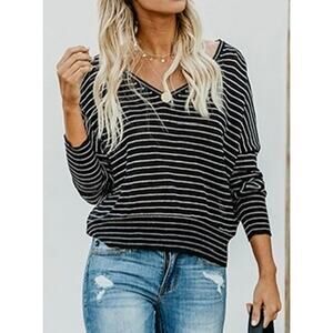 OLIVACEOUS Striped V-neck Sweater Womens Medium Black Linen White Drop Shoulder